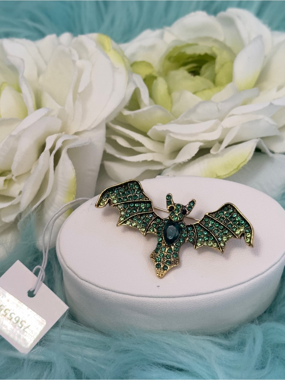 Bat Brooch Green Micro Pave Gemstones Bronze Gold Setting Halloween Jewelry NEW